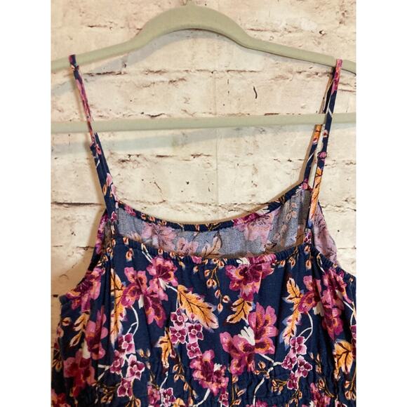 Old Navy Linen Midi Dress Womens Medium Navy & Purple Floral Babydoll Tiered - Picture 14 of 15